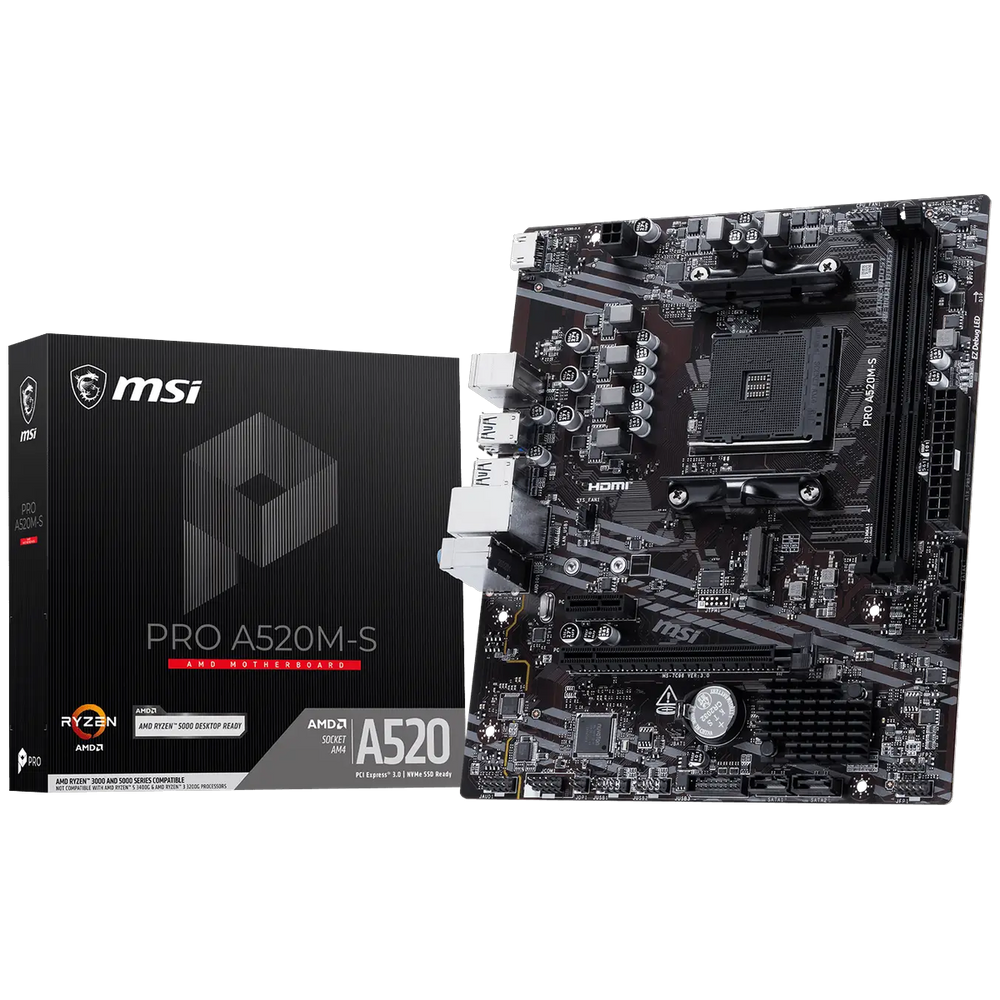 Материнская плата MSI PRO A520M-S A520M, AM4, 2*DDR4, 1*PCIEx16, 1*PCIEx1, 1*M.2, 2*TypeC, 2*USB3.2Gen2, 6*USB3.2Gen1, 6*USB2.0, 4*SATA3.0, 1G, HDMI, M-ATX, RTL