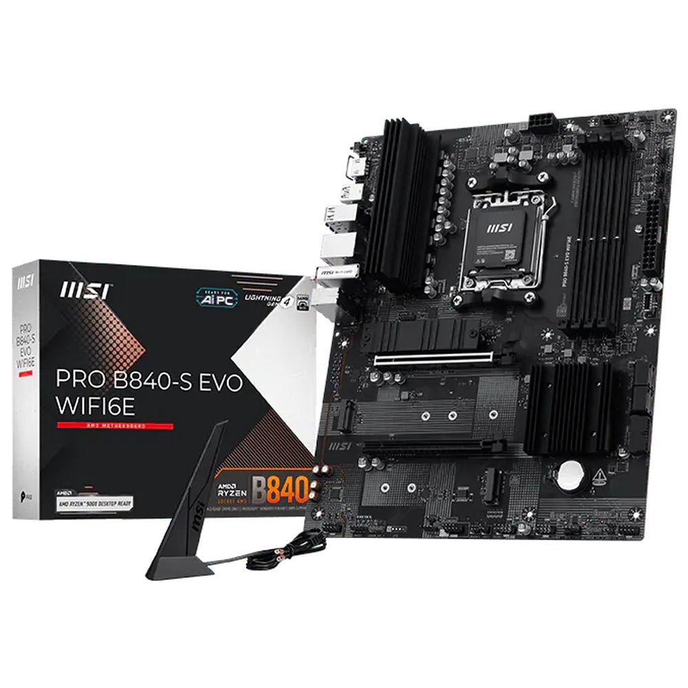 Материнская плата MSI PRO B840-S EVO WIFI6E B840, AM5, 4*DDR5, 2*PCIEx16, 3*M.2, 2*TypeC, 1*USB3.2Gen2, 4*USB3.2Gen1, 8*USB2.0, 4*SATA3.0, 2.5G, HDMI, ATX, RTL