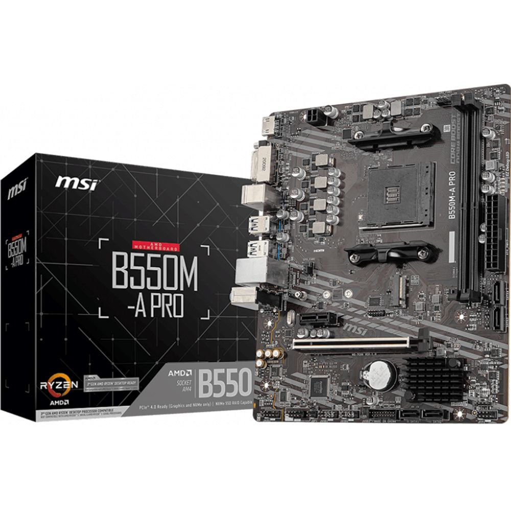 Материнская плата MSI B550M-A PRO B550, AM4, 2*DDR4, 1*PCIEx16, 1*PCIEx1, 1*M.2, 6*USB3.2Gen1, 6*USB2.0, 4*SATA3.0, 1G, DVI, HDMI, M-ATX, RTL