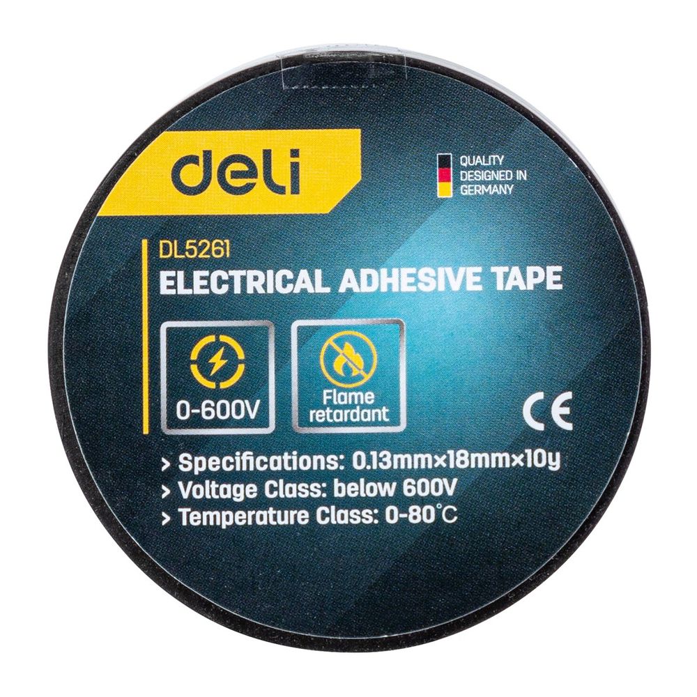 Изолента Deli DL5261 0,13мм х 18мм х 10м, напряжения до 600В, температурный рейтинг 0-80, ПВХ