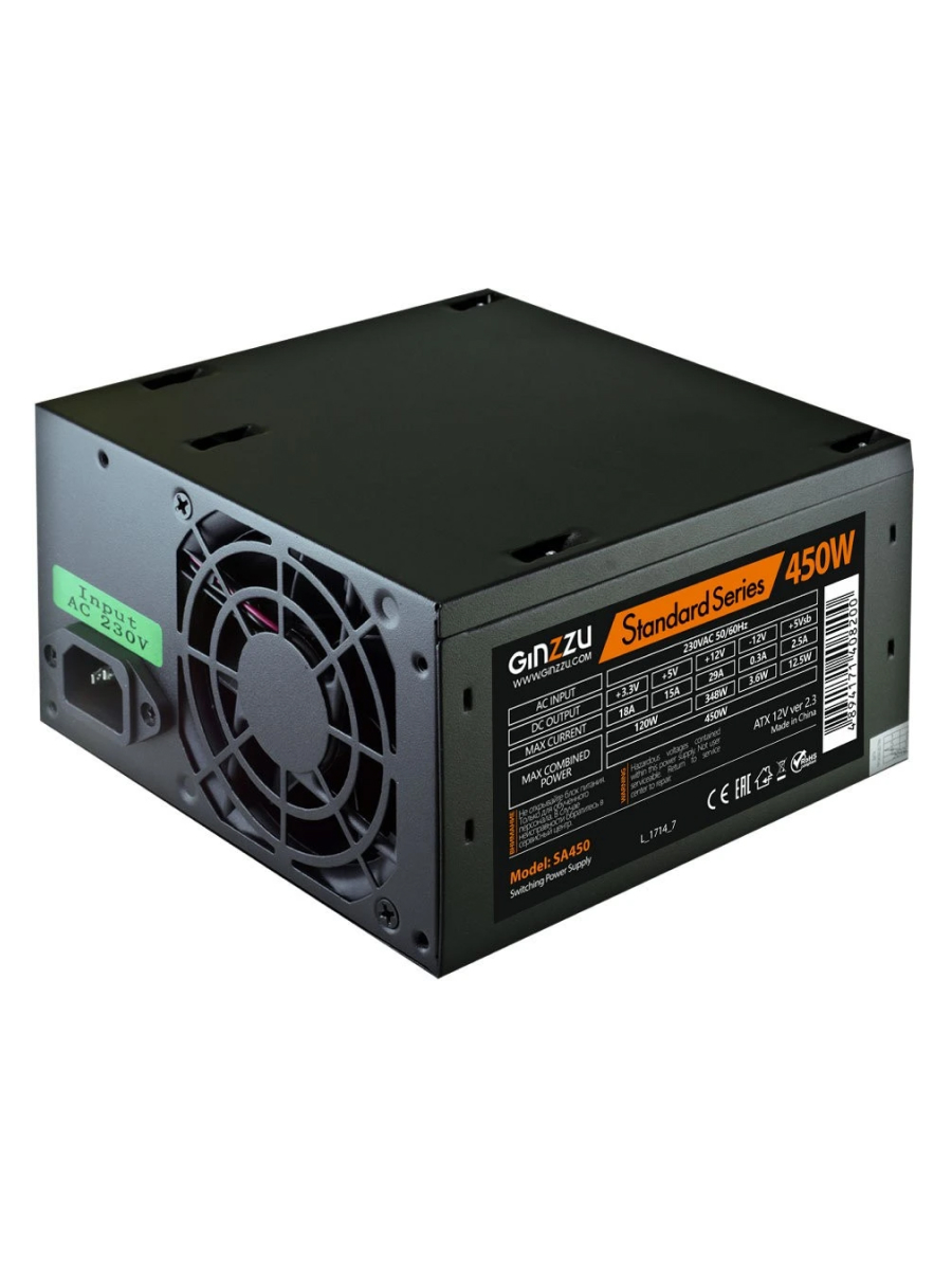 Блок питания GINZZU 450W SA450 черный (ATX, 20+4P, 2хMolex, 2xSATA, 80mm fan, OEM) (SA450) без кабеля питания
