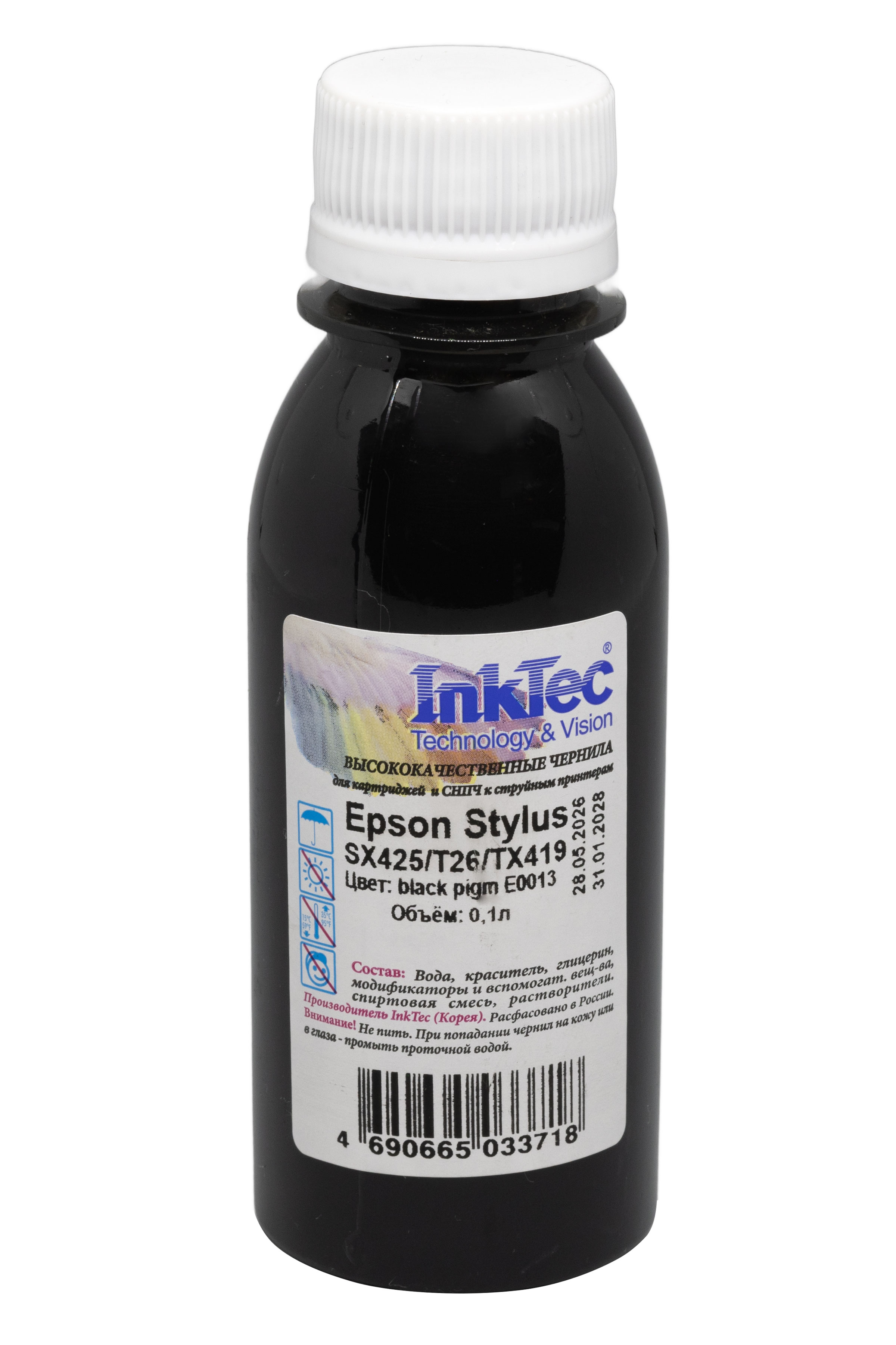 Чернила InkTec (E0013) для Epson Stylus SX425/T26/M3170/TX419, Пигментные, Bk, 0,1 л.