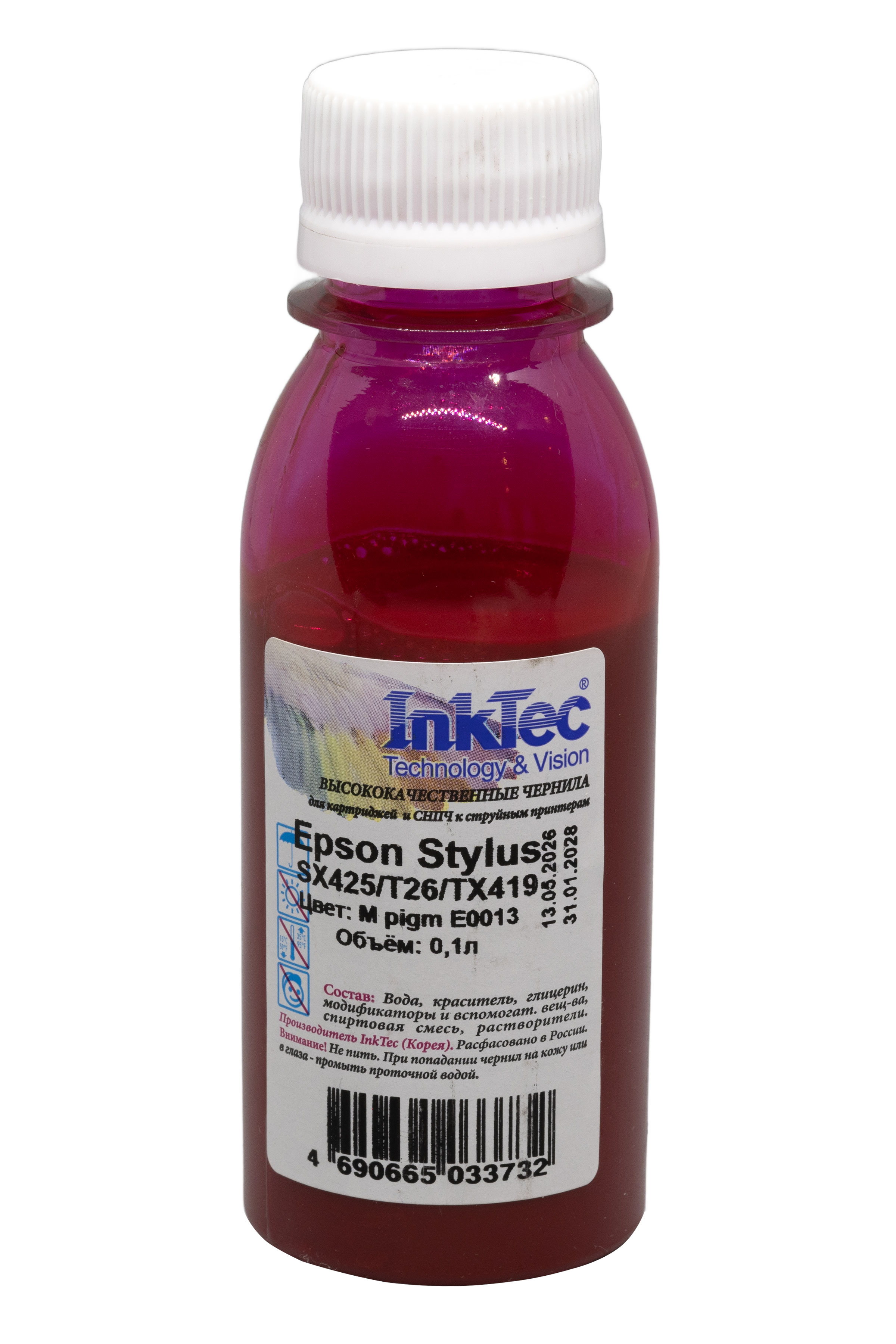 Чернила InkTec (E0013) для Epson Stylus SX425/T26/TX419, Пигментные, M, 0,1 л.