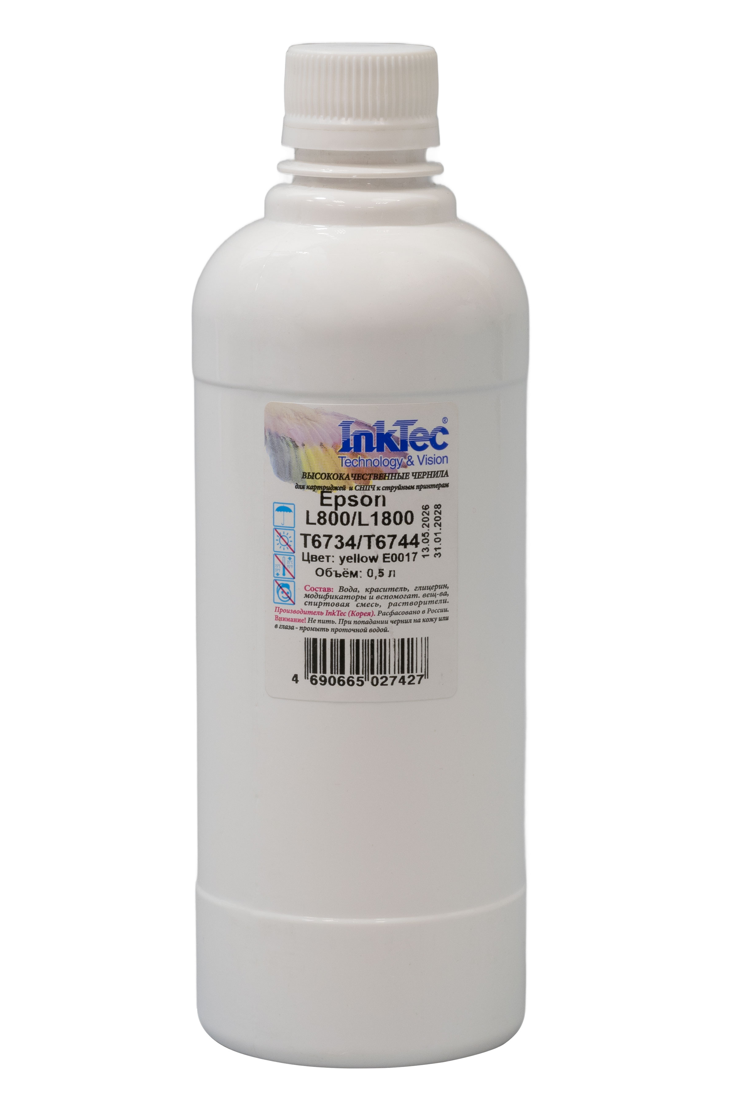 Чернила InkTec (E0017) для Epson L800/L1800 (T6734/ T6744), Y, 0,5 л.