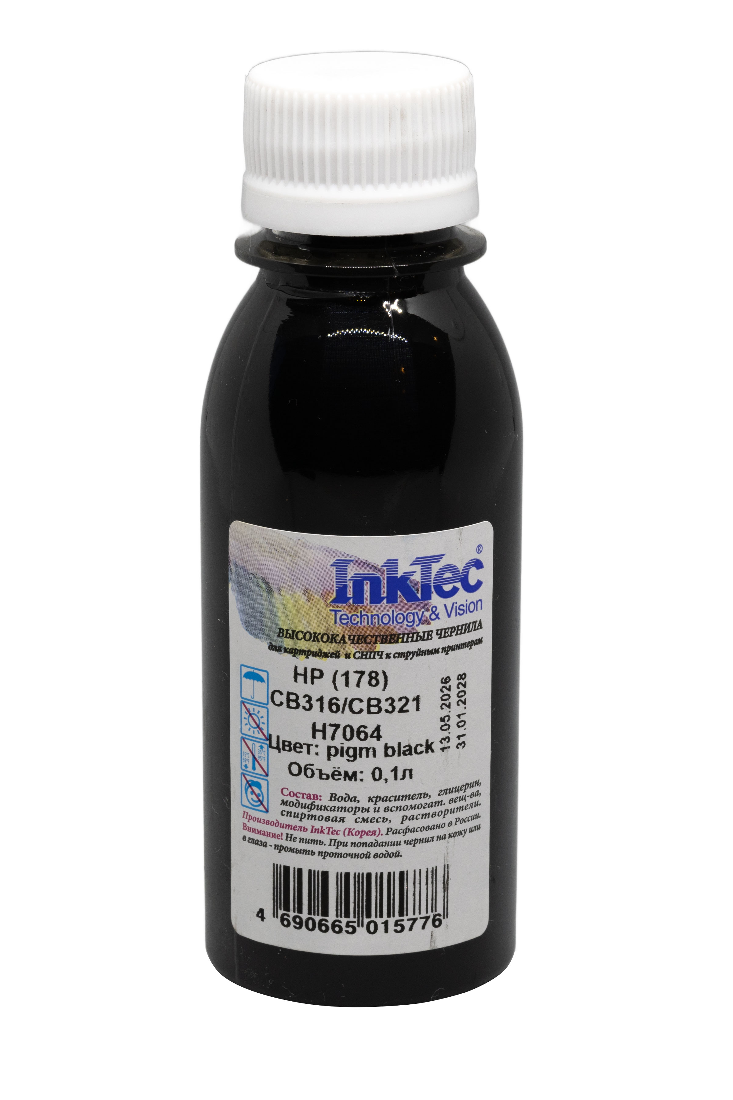 Чернила InkTec (H7064) для HP CB316/CB321 (№178), Пигментные, Bk, 0,1 л.