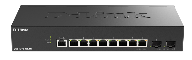 D-Link Управляемый L2 коммутатор, 8x1000Base-T, 2x10GBase-X SFP+, защита от статического электричества до 6 кВ, CLI, консольный порт RJ-45, RPS, поддержка Dying Gasp