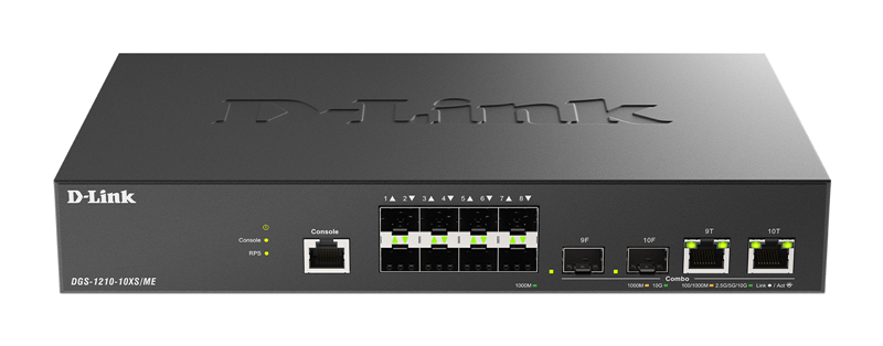 D-Link Управляемый L2 коммутатор, 8x1000Base-X SFP, 2xCombo 10GBase-T/SFP+, защита от статического электричества до 6 кВ, CLI, консольный порт RJ-45, RPS, поддержка Dying Gasp