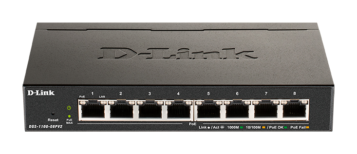 D-Link Управляемый L2 PoE-коммутатор, 8х1000Base-T PoE, PoE-бюджет 64 Вт, Web-интерфейс, SNMP