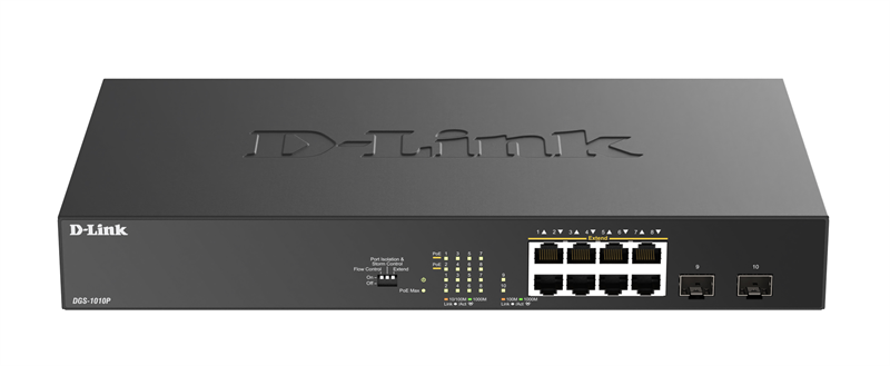 D-Link Конфигурируемый PoE-коммутатор, 8х1000Base-T PoE, 2x1000Base-X SFP, PoE-бюджет 125 Вт, дальность PoE до 250 м, DIP-переключатель, корпус металл