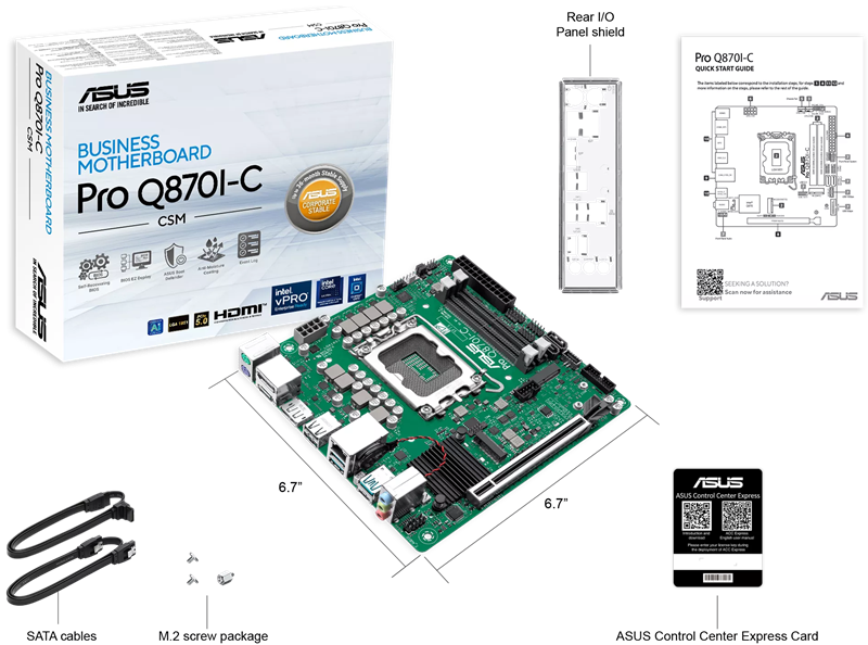 ASUS PRO Q870I-C-CSM, LGA1851, Q870, 2*DDR5, 2*SATA, 1*M.2, 3*USB 3.2, 2*USB 2.0, Type-C, 2*PCIx16, 2*DP+HDMI, mATX; 90MB1MPP-M0EAYC