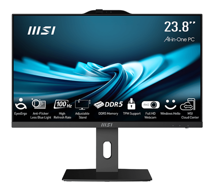 MSI Pro AP242P 14M AiO 23,8" FHD(1920x1080)IPS AG Non-touch, Core i5-14400 (2.5GHz), 16Gb DDR5 (2x8Gb), 256GB SSD, 2TB HDD, Intel UHD,WiFi,BT,camera,WirelessKB&mouse Eng/Rus,noOS,1y w-ty,Black