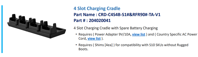 Bluebird ASSY: S10 (CRD-S1X-4SC-T1) 4-slot cradle; 4 Slot Device, 4 Slot Spare Battery, 4 Slot RFR900/901, Requires PWR-ADPT-9V10A-TA-V1 and Country Specific AC Power Cord