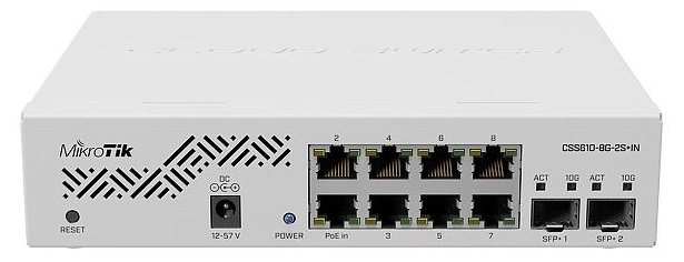 MikroTik Cloud Smart Switch 610-8G-2S+IN with 8 x Gigabit ports, 2 x SFP+ cages, SwOS, desktop case, PSU