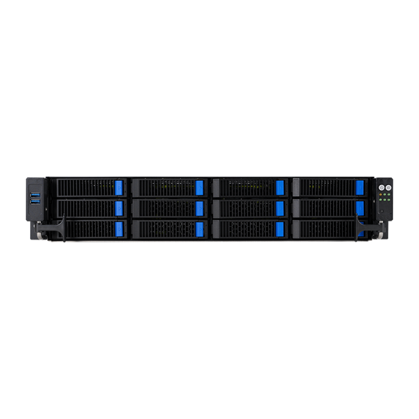 ASUS RS520A-E12-RS12U: 2U, 1x AMD EPYC 9004 SP5, 24x DDR5 RDIMM, 12x NVMe, 2x rear 2.5 SATA, 5x PCIe 5.0, 2x M.2, OCP 3.0, up to 2x dual-slot GPU, 2x 1600W PSU