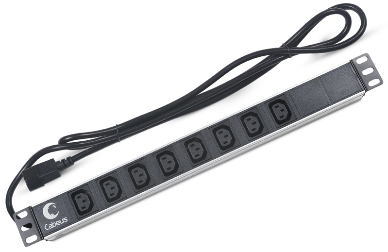 Cabeus PDU-8I-2IEC Блок розеток для 19" шкафов, гор., 8 розеток IEC 320 C13, 10 A, без выключателя, алюм. корпус, шнур 2 м, вилка IEC 320 C14