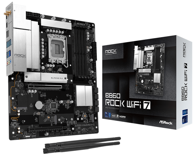ASROCK B860 Rock WiFi 7, LGA1851, B860, 4*DDR5, 4*SATA, 4*M.2, 4*USB 3.2, 3*USB 2.0, Type-C, 2*PCIx16, 1*M.2 (Key E), HDMI, ATX