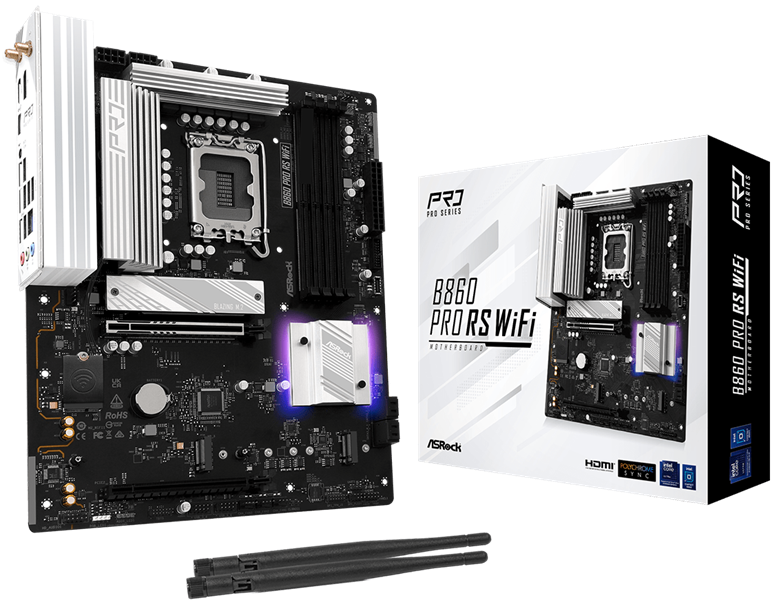 ASROCK B860 PRO RS WIFI, LGA1851, B860, 4*DDR5, 4*SATA, 4*M.2, 6*USB 3.2, 2*USB 2.0, Type-C, 2*PCIx16, 1*M.2 (Key E), HDMI+DP, ATX