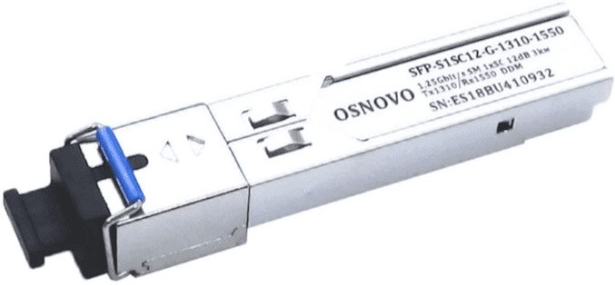 OSNOVO SFP-S1SC12-G-1310-1550 Оптический SFP Модуль. Одно волокно Single Mode. Скорость: до 1,25 Гбит/c. Тип разъема: SC. Оптический бюджет: 12дБ. Расстояние передачи - до 3км. Рабочая длина волны,нм