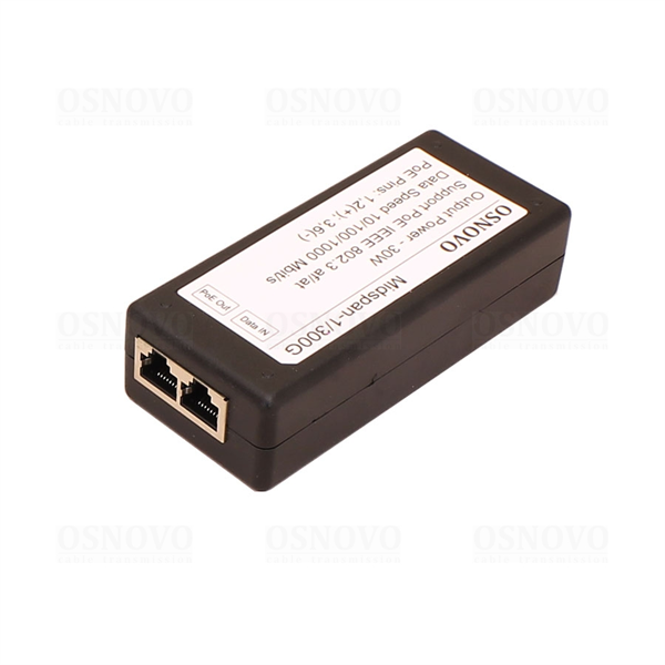 OSNOVO Midspan-1/300G PoE-инжектор Gigabit Ethernet на 1 порт, мощностью до 30W. Соответствует стандартам PoE IEEE 802.3af/at. (конт. 1,2(+); 3,6(-)). Автоматическое определение PoE устройств. Мощност