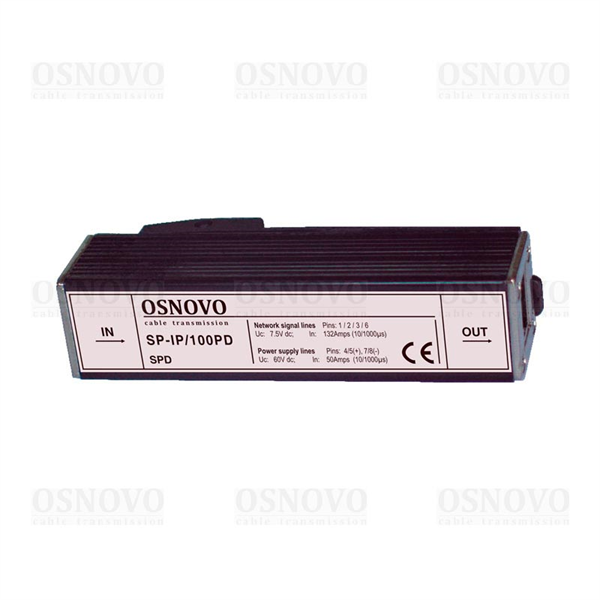 OSNOVO SP-IP/100PD Устройство грозозащиты для локальной вычислительной сети (скорость до 100Мбит/с) с защитой линий PoE (af/at, метод B, контакты 4/5, 7/8), двухуровневая защита. 1 вход (RJ45-мама), 1